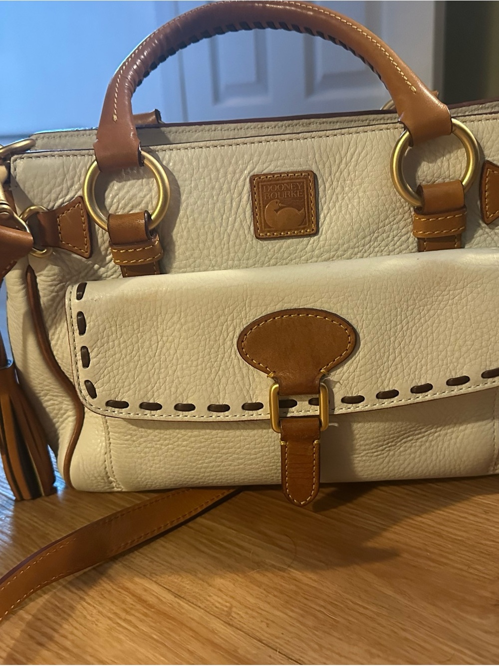 Dooney & Bourke Florentine White/Tan medium leather pocket satchel crossbody